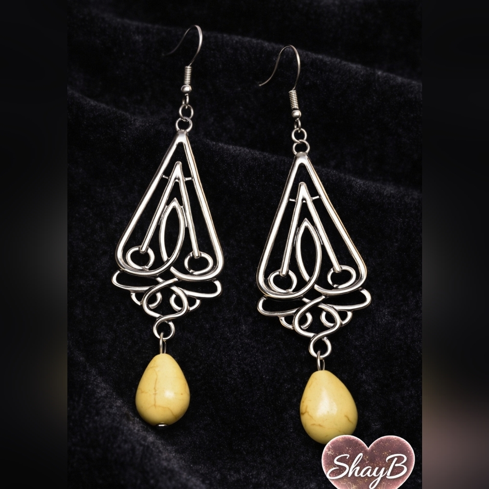 Silver and Yellow Crackle Dangle Earrings